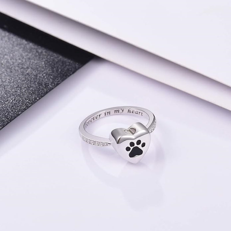 Love Heart Paw Print Urn Ring Pet Memorial Cremation Jewelry
