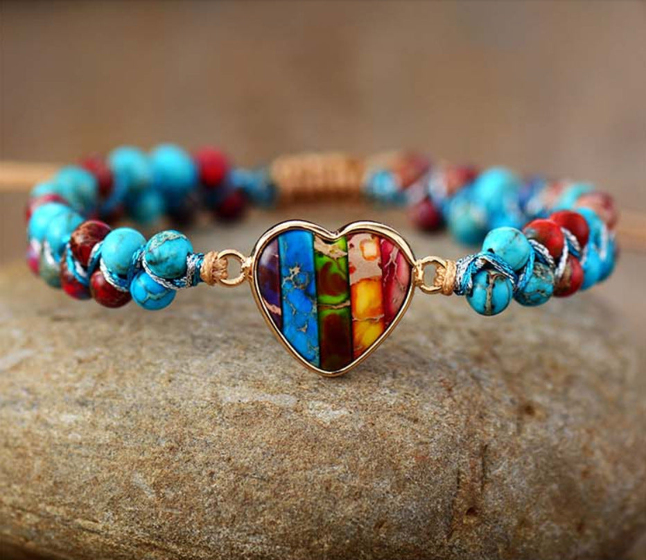 Lovely Natural Emperor Stone Colorful Peach Heart Hand-Woven Tassel Friendship Bracelet