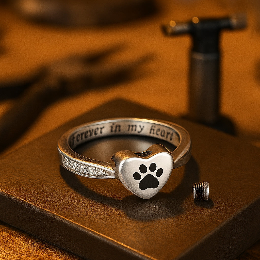 Love Heart Paw Print Urn Ring Pet Memorial Cremation Jewelry