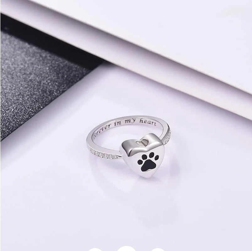 Love Heart Paw Print Urn Ring Pet Memorial Cremation Jewelry