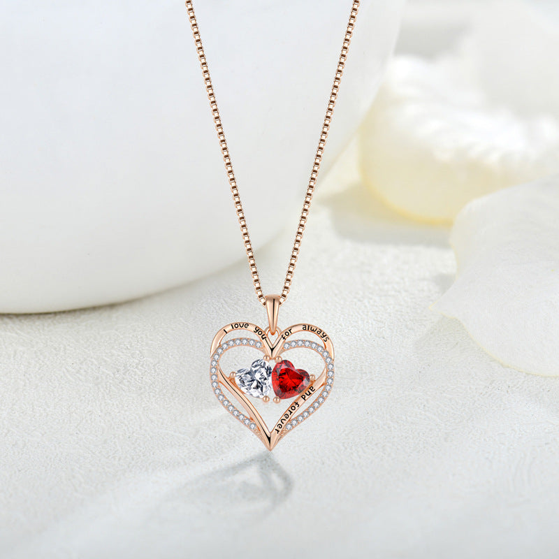S925 Silver Double Love Necklace with Rhinestones Fashion Personality Heart-Shaped Necklace Valentine'S Day Gift
