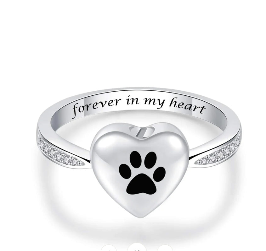 Love Heart Paw Print Urn Ring Pet Memorial Cremation Jewelry